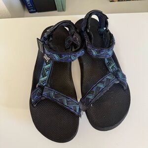 Vintage Teva Black Hurricane Sandals with Blue Pattern